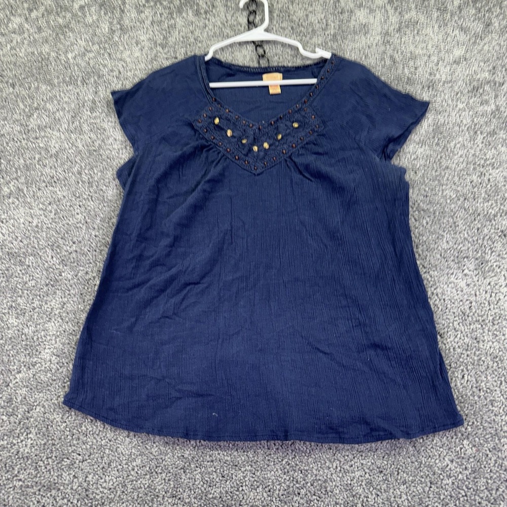 Northcrest Blouse Womens 2X Blue Beaded Embroidered V Neck Cotton Tunic Summer